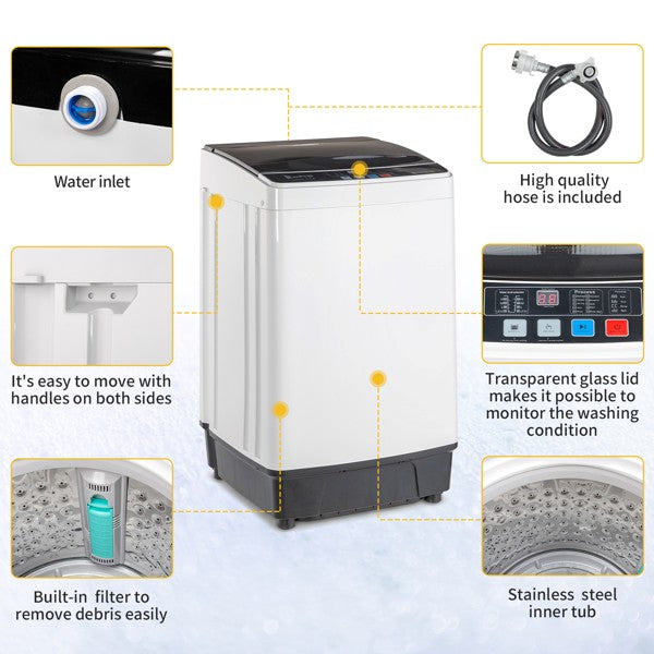 KRISRATE 17.8 Lbs Full-Automatic Washing Machine 2.4Cu.ft Portable Compact Laundry Washer Spin with Drain Pump,10 programs 8 Water Level, LED Display