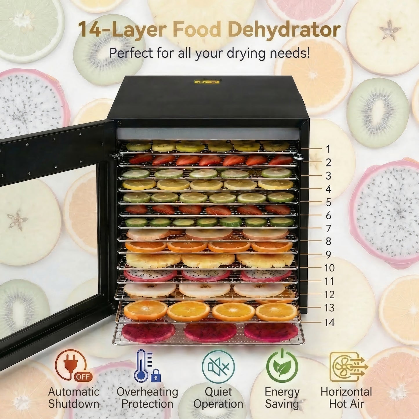 KRISRATE Food Dehydrator for Jerky & Fruit, 14 Stainless Steel Trays, 850W Food Dryer with 10 Presets, 48H Timer & 167°F Temperature Control, Dehydrator Machine for Herbs, Meat, Dog Treats