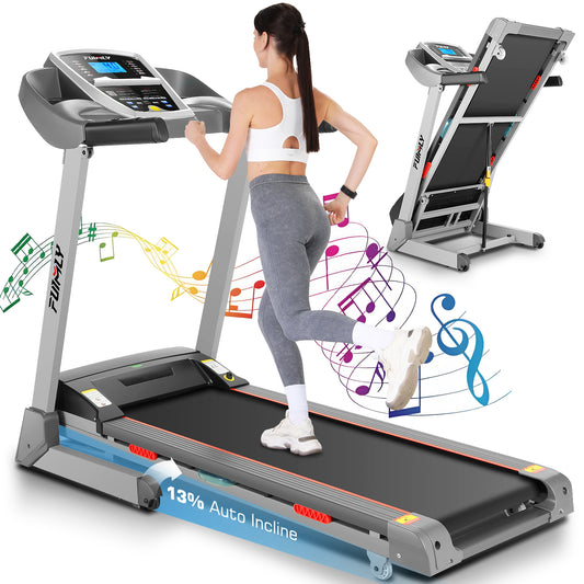 FUNMILY Folding Treadmill with 13% Auto Incline, 3.0HP Ultra-silent Motor, Speed Range of 0.6~9MPH,300lb Weight Capacity,Bluetooth Audio Speakers, Home&Office Fitness Equipment