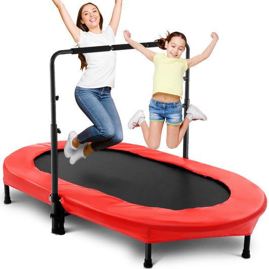 KRISRATE 56" Double Trampoline, Mini Fitness Rebounder with 5-Level Adjustable Handle, Parent-Child Trampoline, Max Load 220lbs, for Indoor/Outdoor