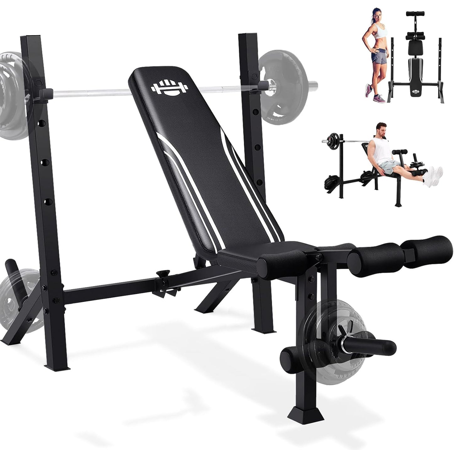 KRISRATE 900LBS Weight Bench Set with Squat Rack, Adjustable Bench Press Set with Leg Extension and Leg Curl, Flat Incline Decline Workout Bench