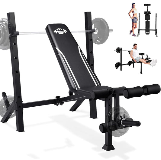 KRISRATE 900LBS Weight Bench Set with Squat Rack, Adjustable Bench Press Set with Leg Extension and Leg Curl, Flat Incline Decline Workout Bench