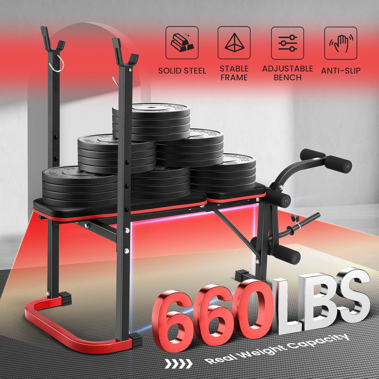 KRISRATE 660lbs Adjustable Weight Bench Set with Leg Developer, Full Body Workout Bench Press Set with Squat Rack, Standard Strength Training Bench