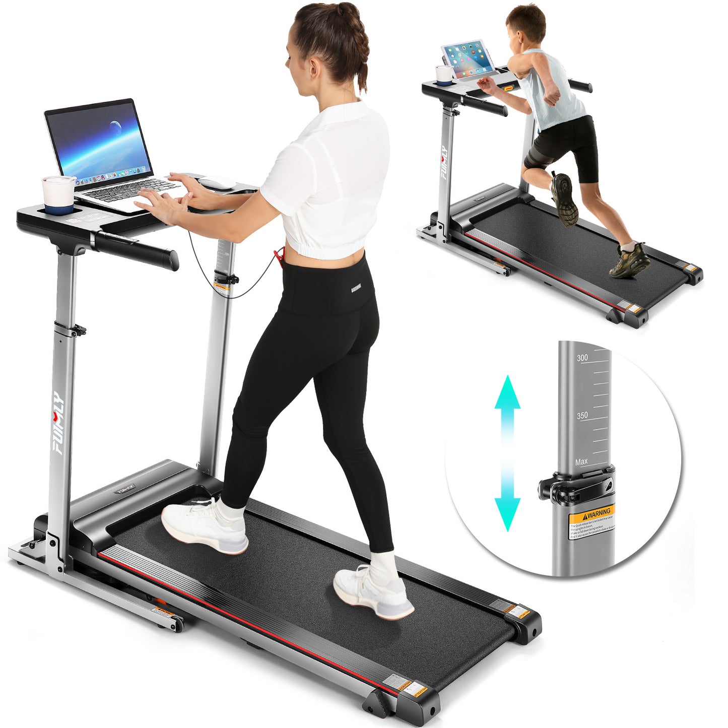 FUNMILY Treadmill with Desk Workstation & Adjustable Height,Folding Treadmill with Incline,Speed Range 0.6-7.5 mph,300 LBS Weight Capacity