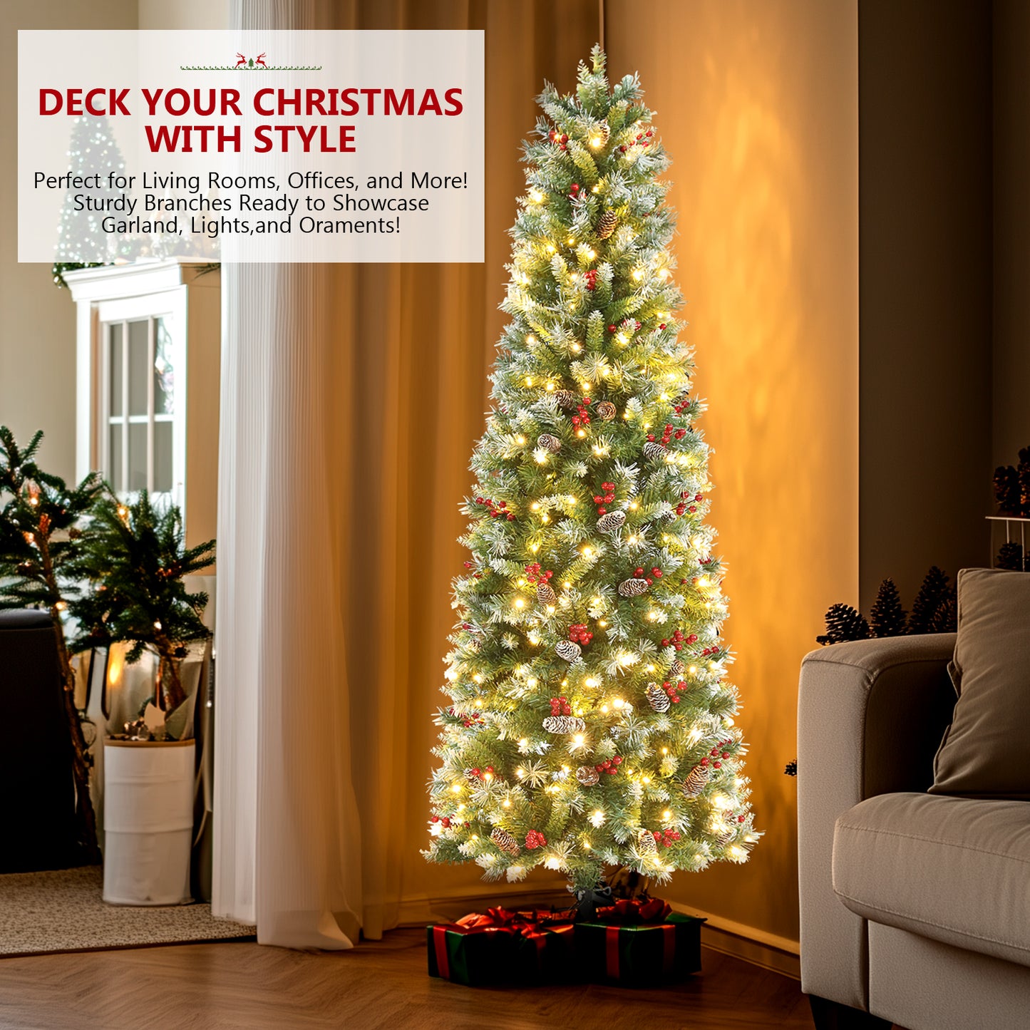 KRISRATE 6FT Pre-lit Pencil Christmas Tree, Partially Flocked Slim Holiday Tree Decoration, Skinny Xmas Tree, 250 Lights, 566 Frosted Tips, PineCones