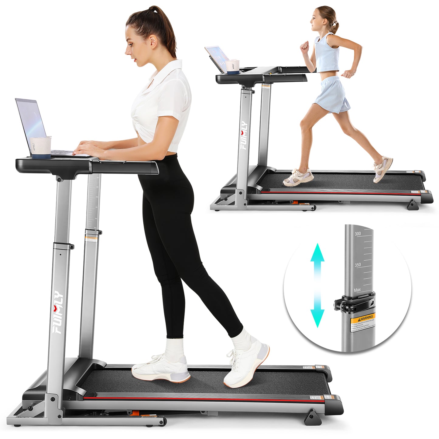 FUNMILY Treadmill with Desk Workstation & Adjustable Height,Folding Treadmill with Incline,Speed Range 0.6-7.5 mph,300 LBS Weight Capacity