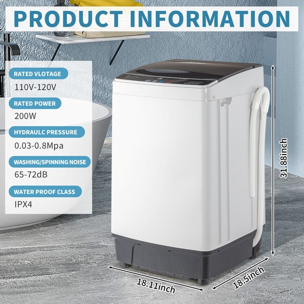 KRISRATE 17.8 Lbs Full-Automatic Washing Machine 2.4Cu.ft Portable Compact Laundry Washer Spin with Drain Pump,10 programs 8 Water Level, LED Display