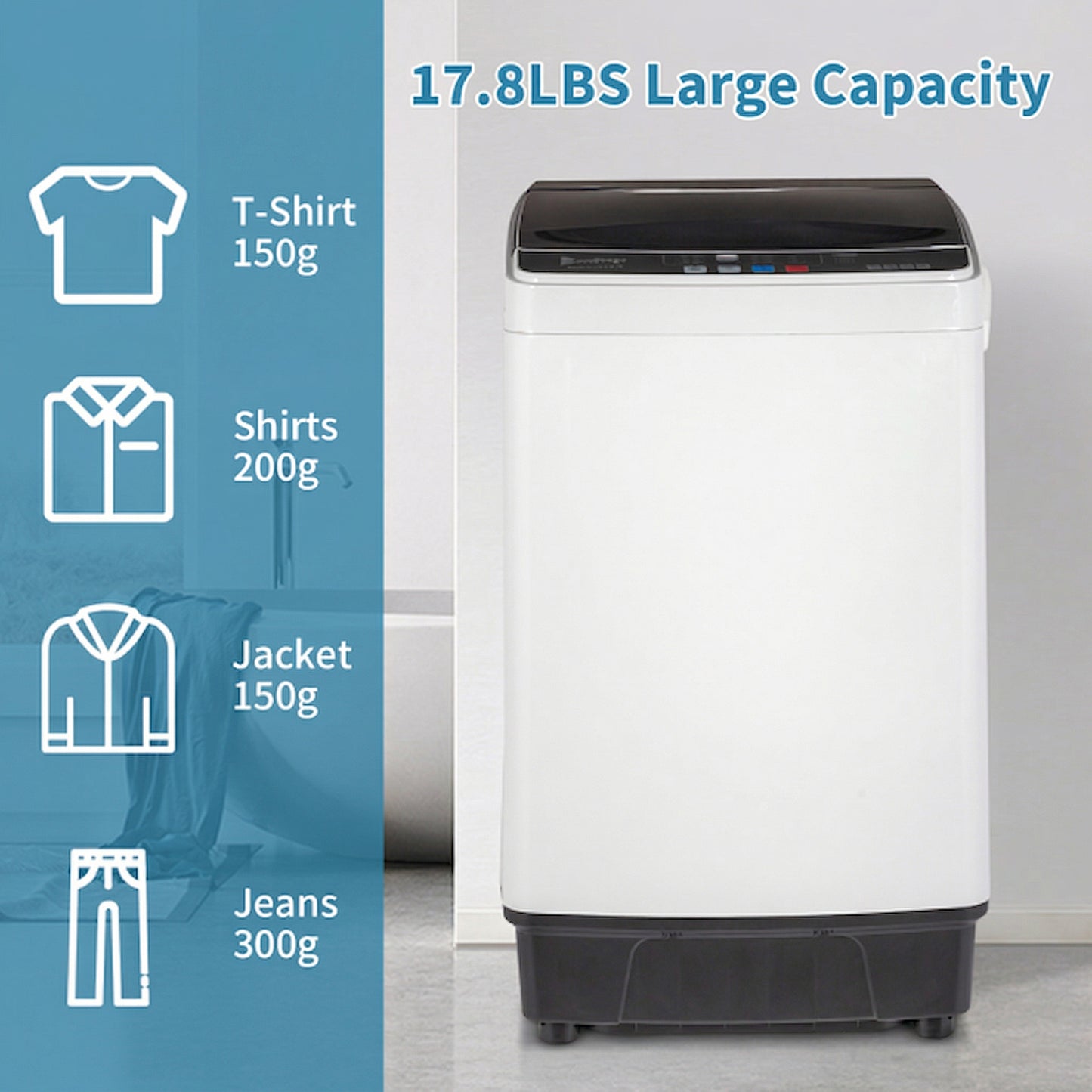 KRISRATE 17.8 Lbs Full-Automatic Washing Machine 2.4Cu.ft Portable Compact Laundry Washer Spin with Drain Pump,10 programs 8 Water Level, LED Display