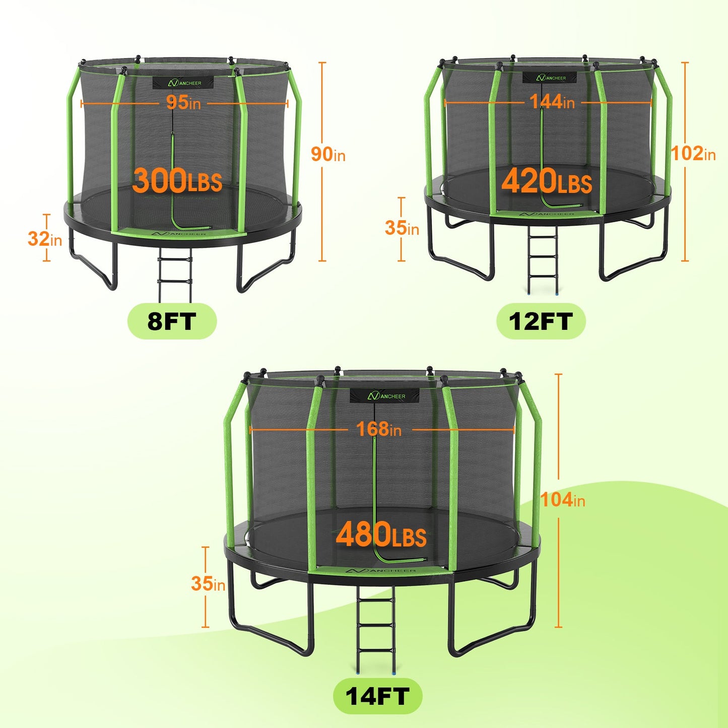 ANCHEER Trampoline 8FT 12FT 14FT, Recreational Trampoline with Enclosure for Kids Adults, ASTM Approved Outdoor Trampoline with Ladder