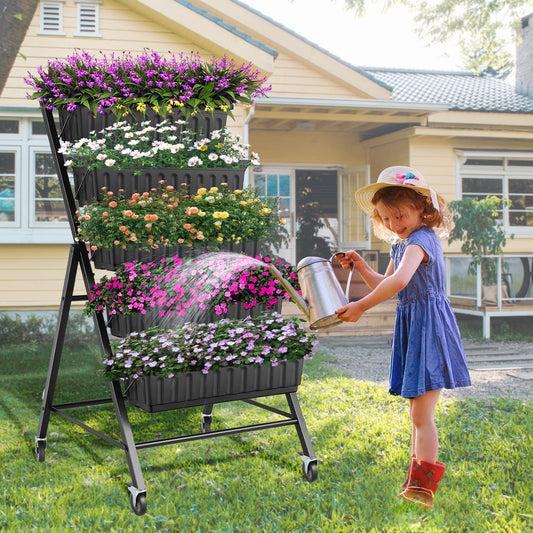 KRISRATE 5-Tier Vertical Raised Garden Bed with Wheels - 4FT Elevated Planter Stand with Hooks & Casters for Vegetables Herbs Flowers Indoor Outdoor