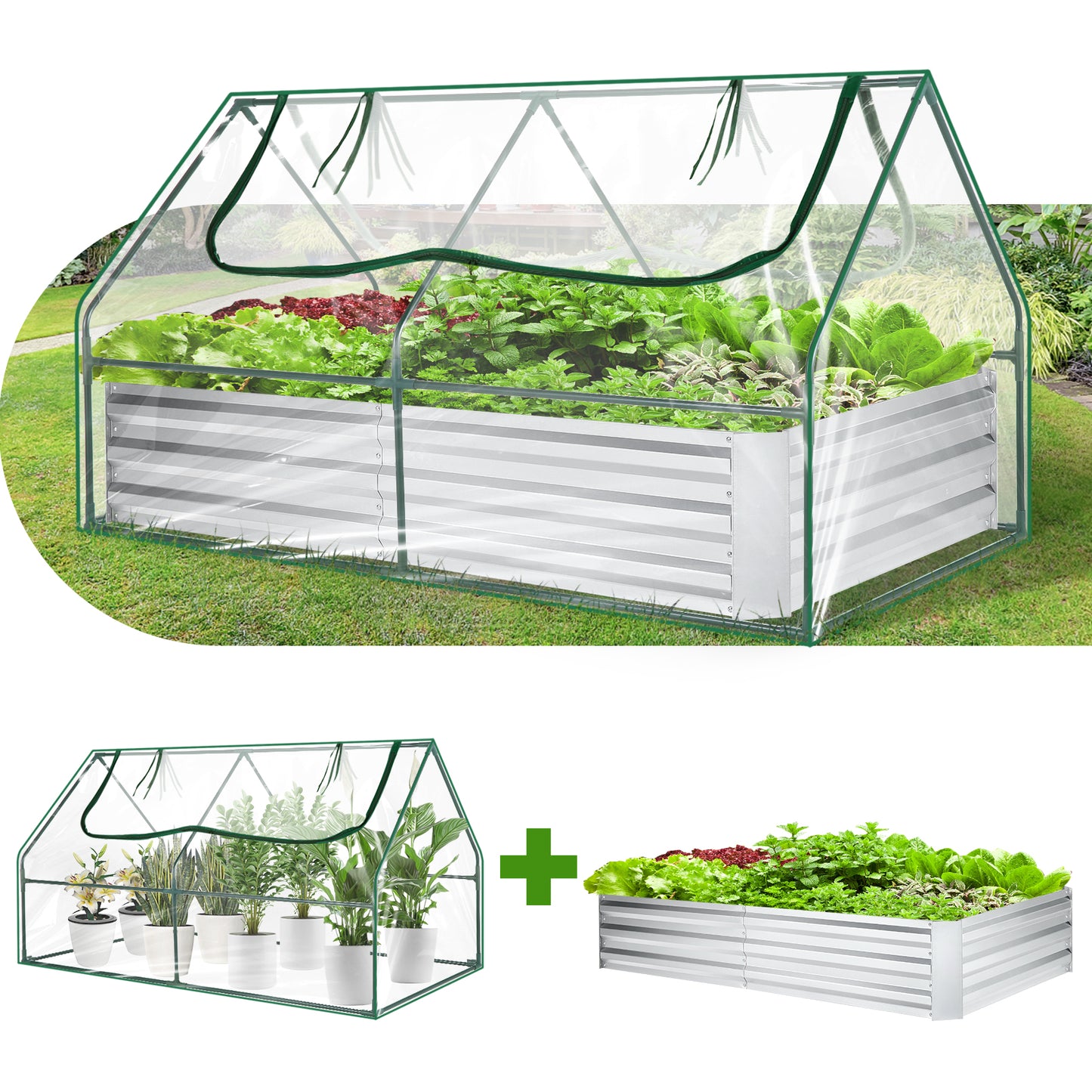 KRISRATE 6x3x3ft Galvanized Raised Garden Bed with Clear Cover - Extra-Thick Steel Mini Greenhouse Kit w/ 2 Zipper Windows & Gloves for Vegetables