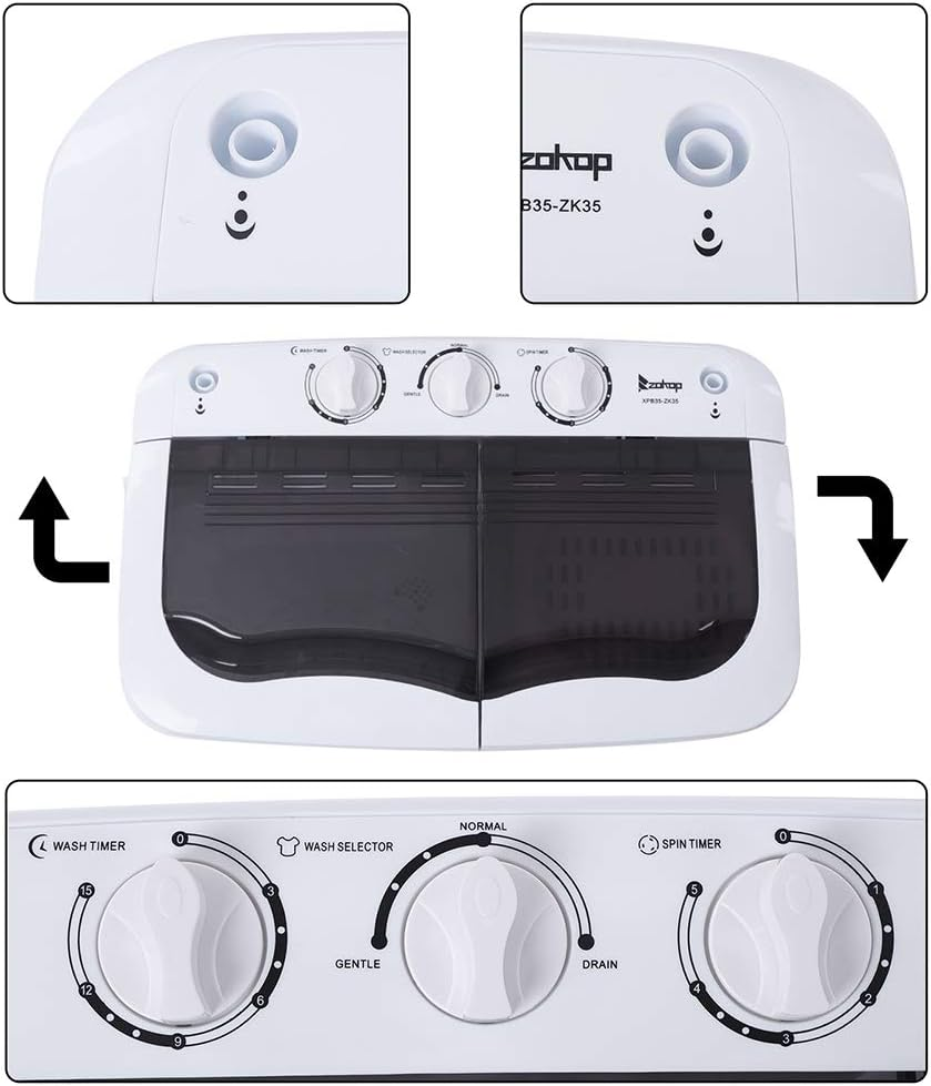 KRISRATE 14.3Lbs Semi-Automatic Mini Compact Portable Twin Tub Washing Machine, 7.7lbs Washer 6.6lbs Spinner Combo for Apartments, Dorms, RVs, Gray