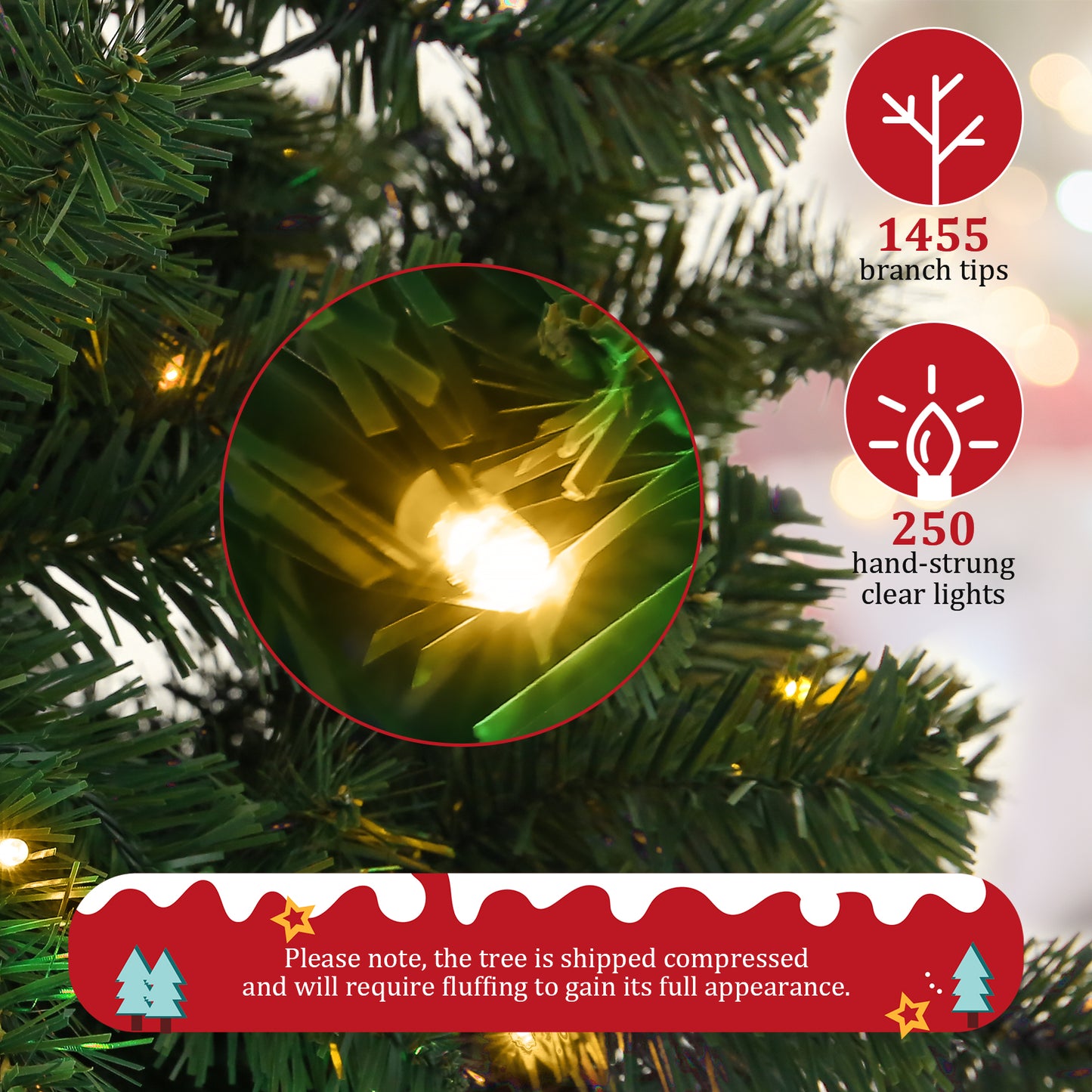 KRISRATE 6FT Pre-Lit Artificial Christmas Tree Full Tree with 1455 PVC Branch Tips, 250 Multicolored Lights/Warm White Lights,8 Light Sequences,Green