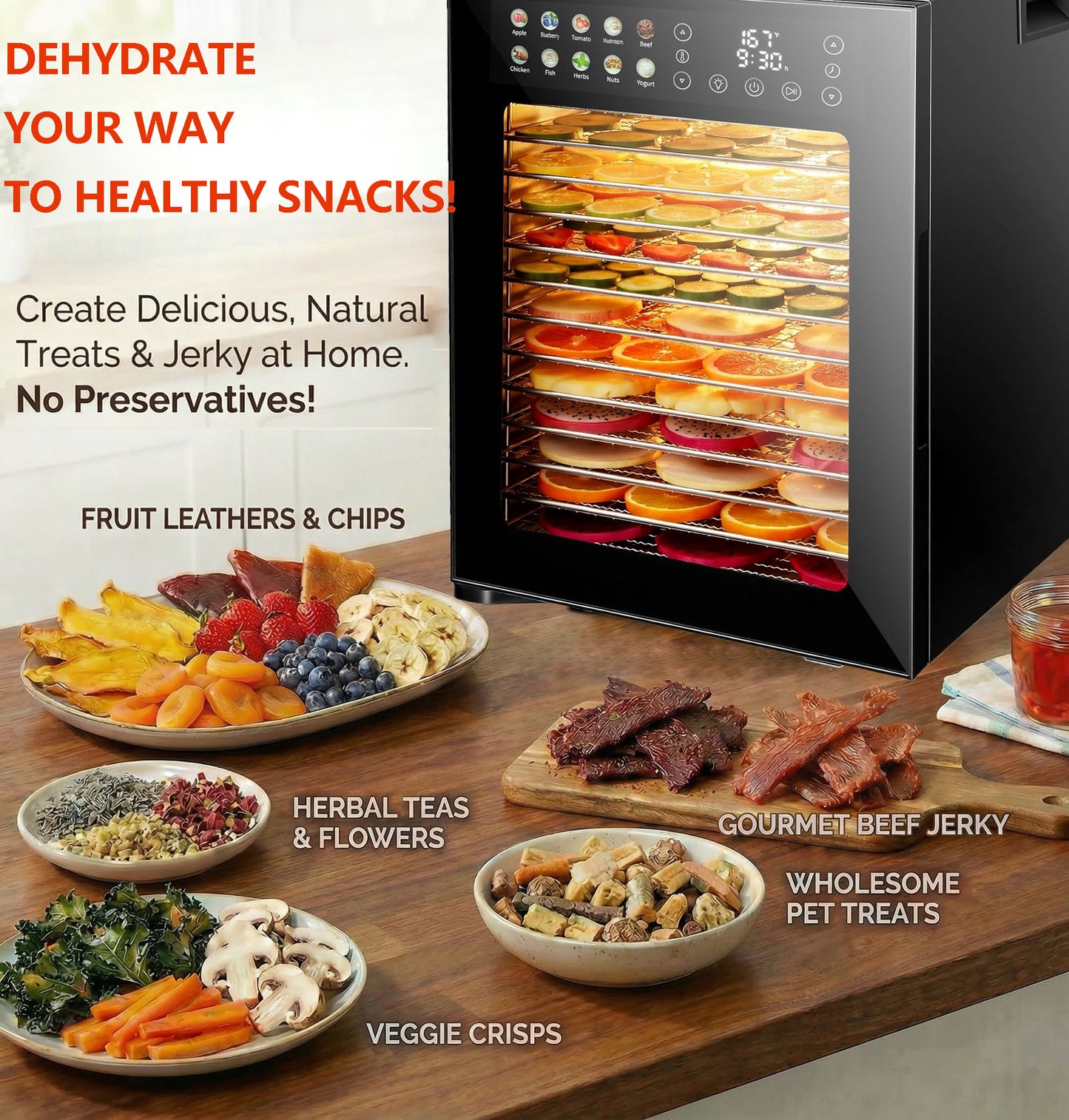 KRISRATE Food Dehydrator for Jerky & Fruit, 14 Stainless Steel Trays, 850W Food Dryer with 10 Presets, 48H Timer & 167°F Temperature Control, Dehydrator Machine for Herbs, Meat, Dog Treats