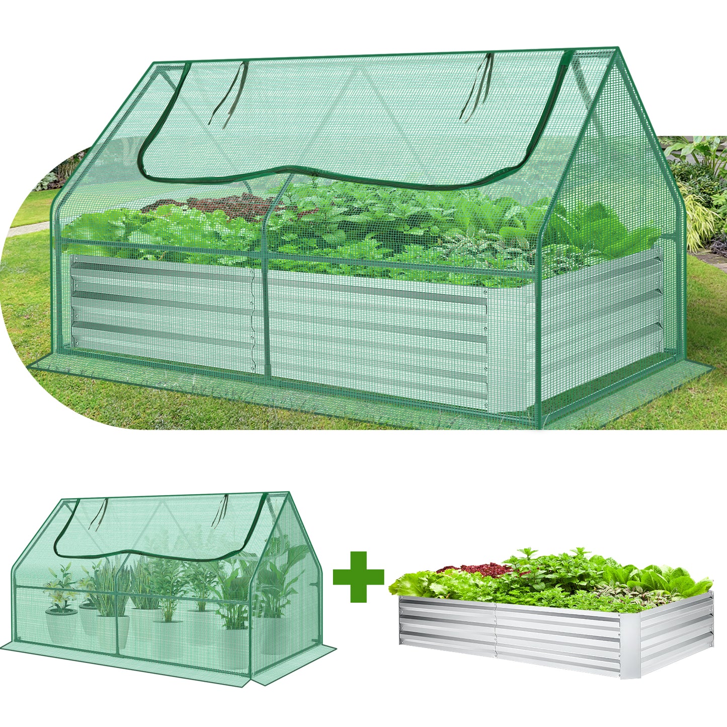 KRISRATE 6x3x3ft Galvanized Raised Garden Bed with Clear Cover - Extra-Thick Steel Mini Greenhouse Kit w/ 2 Zipper Windows & Gloves for Vegetables
