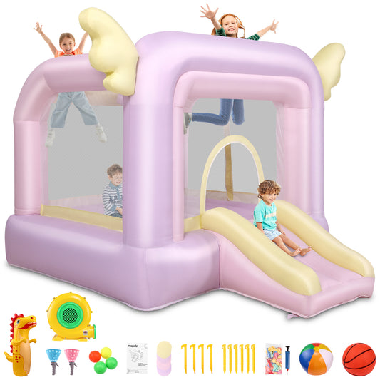 KRISRATE Inflatable Bounce House with Slide, Pink Kids Bouncy Castle for Indoor/Outdoor Use, with Basketball Hoop, Safety Net & 370W Blower for Party