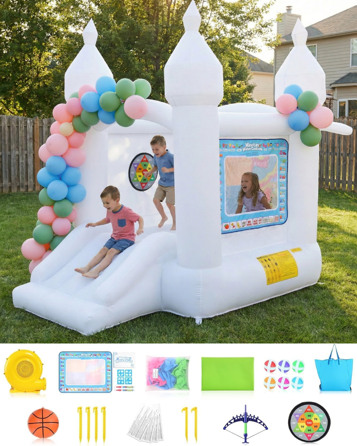 KRISRATE White Inflatable Bounce House with Slide & Blower-Bouncy Castle for Kids Indoor Outdoor Birthday Wedding Party, with Basketball & Activities
