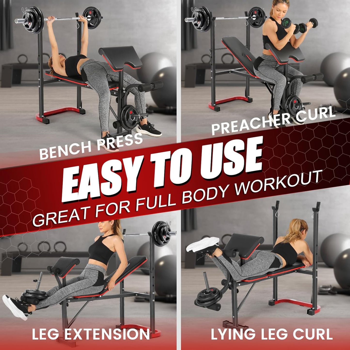 KRISRATE 660lbs Adjustable Weight Bench Set with Leg Developer & Preacher Curl Pad, Full Body Workout Strength Training Bench Press Set w/ Squat Rack