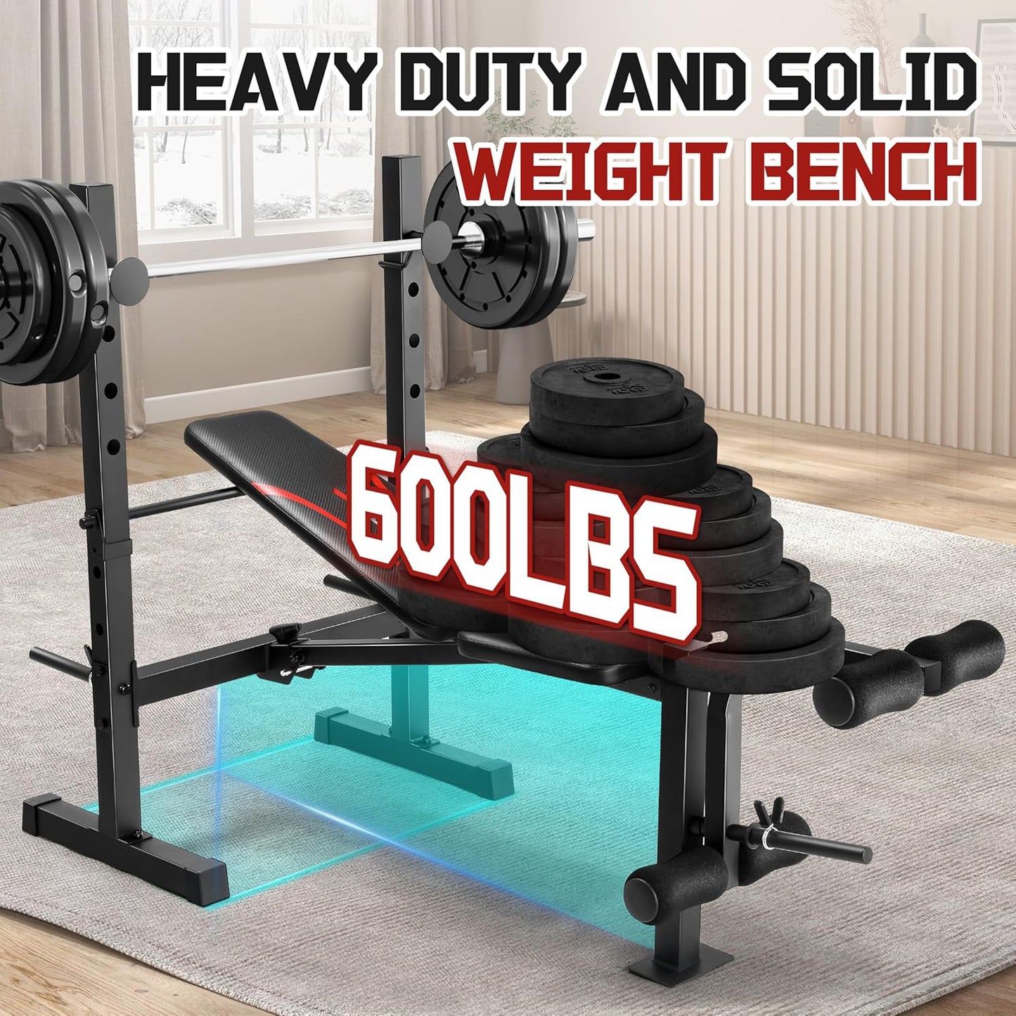 KRISRATE 600LBS Foldable Weight Bench Set with Squat Rack, Adjustable Bench Press Set w/ Leg Extension & Leg Curl, Flat Incline Decline Workout Bench