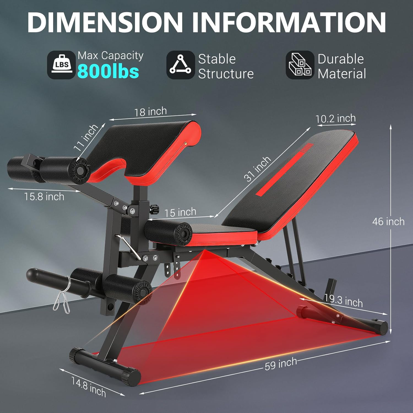 KRISRATE 800LBS Adjustable Weight Bench - Home Gym Workout Bench with Leg Extension, Leg Curl & Preacher Curl, Multi-Position Gym Bench Exercise Bench