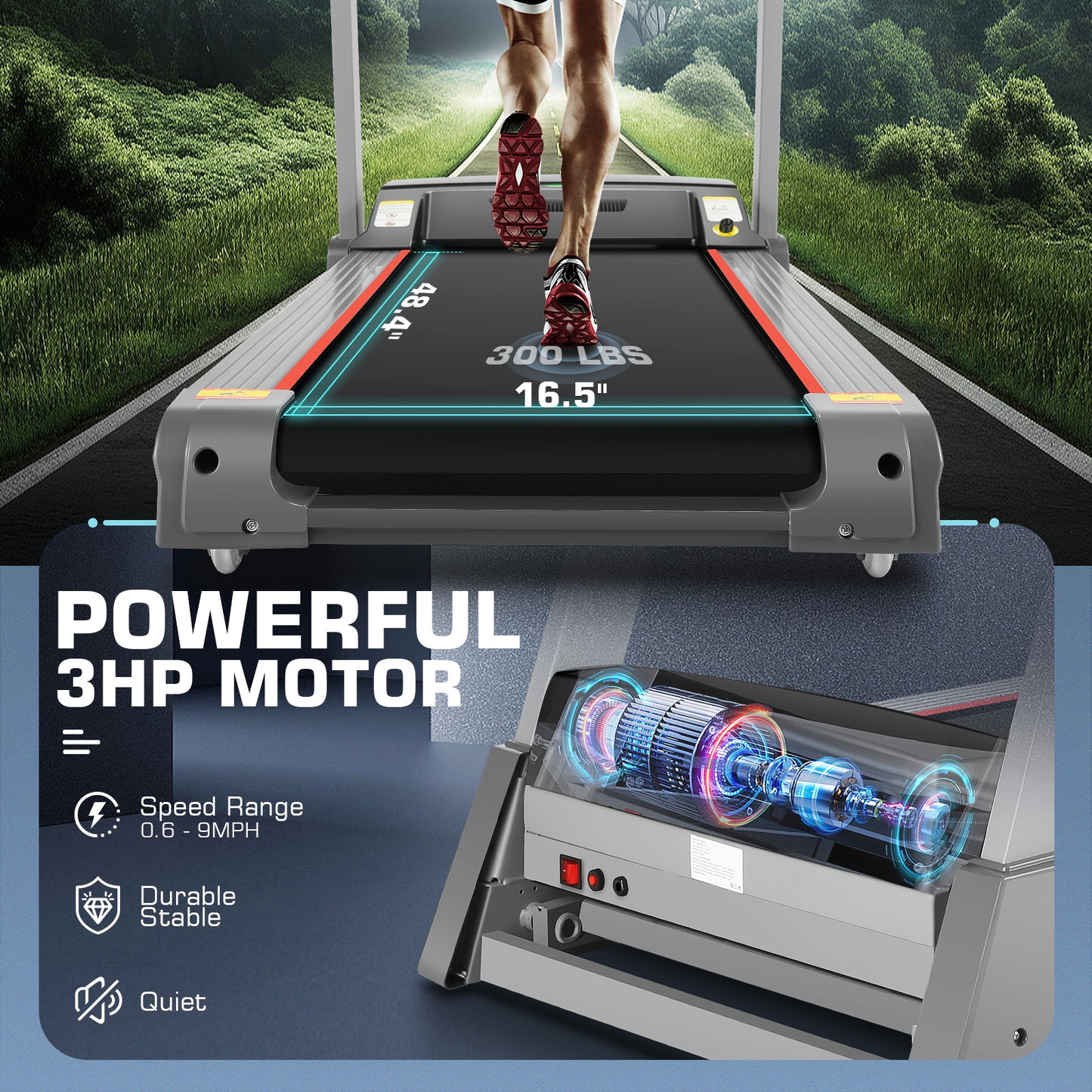 FUNMILY Foldable 13% Auto Incline 3HP Treadmill for Home , 300 lb Capacity,Speed Range 0.6~9MPH