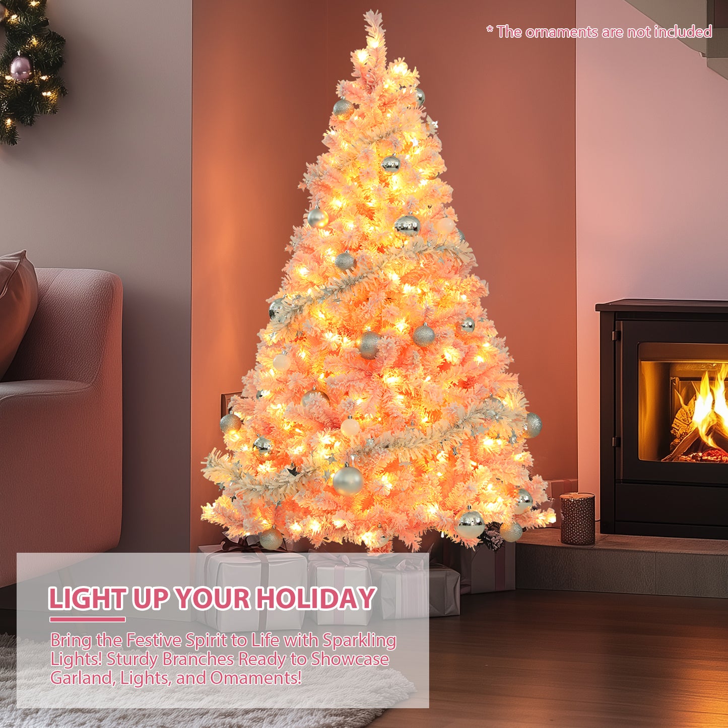 KRISRATE 6FT Pre-lit Pink Flocked Artificial Christmas Tree 8 Adjustable Light Modes, 250 LED Lights, 640 PVC Branch Tips, Foldable Metal Stand, Pink