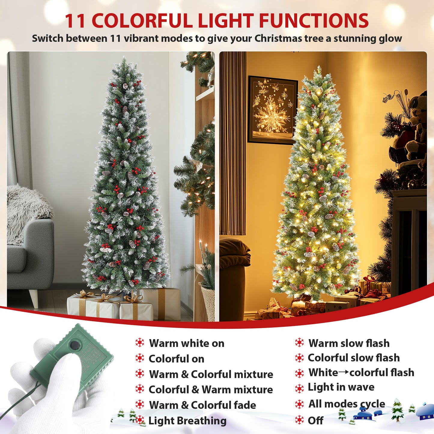 KRISRATE 6FT Pre-lit Pencil Christmas Tree, Partially Flocked Slim Holiday Tree Decoration, Skinny Xmas Tree, 250 Lights, 566 Frosted Tips, PineCones