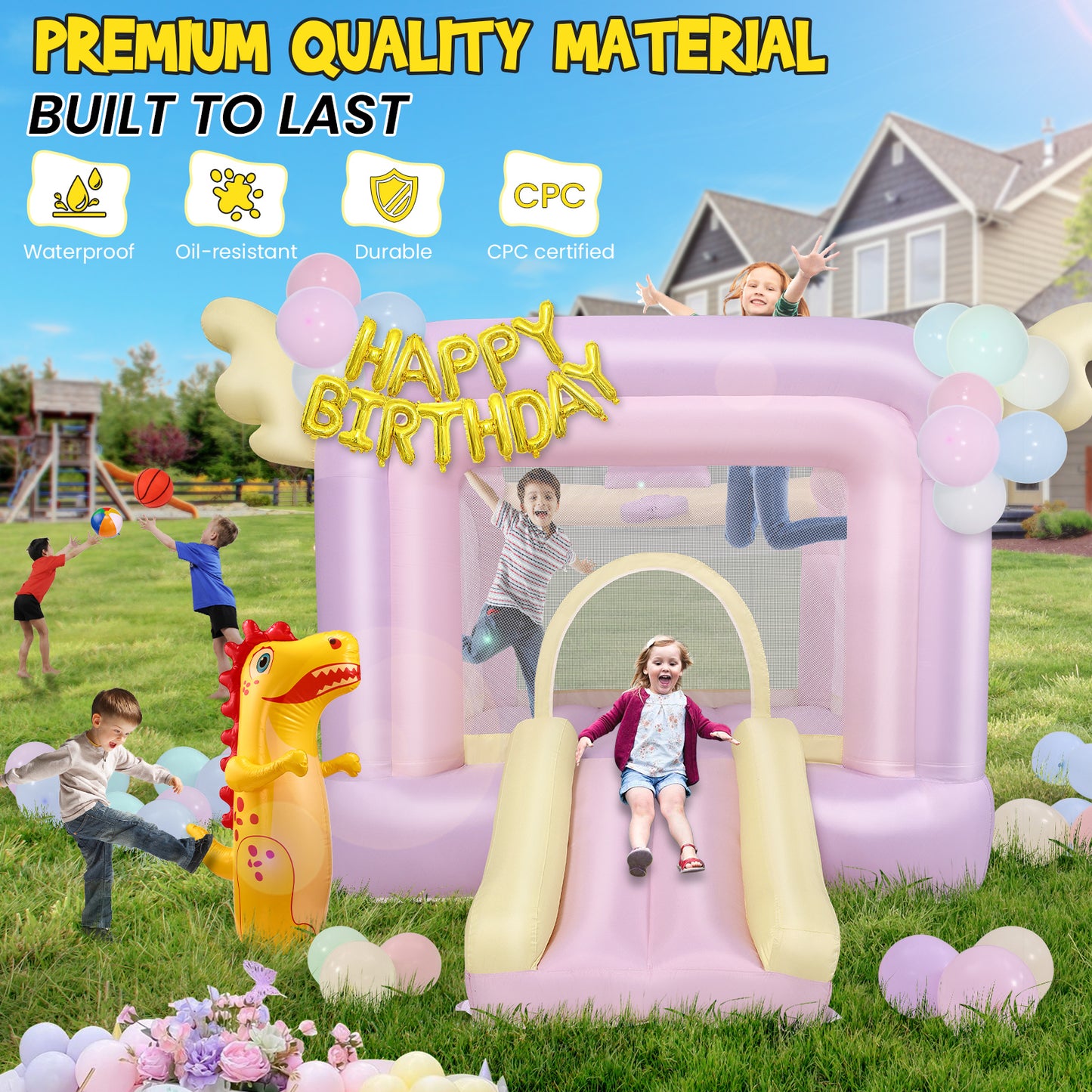 KRISRATE Inflatable Bounce House with Slide, Pink Kids Bouncy Castle for Indoor/Outdoor Use, with Basketball Hoop, Safety Net & 370W Blower for Party