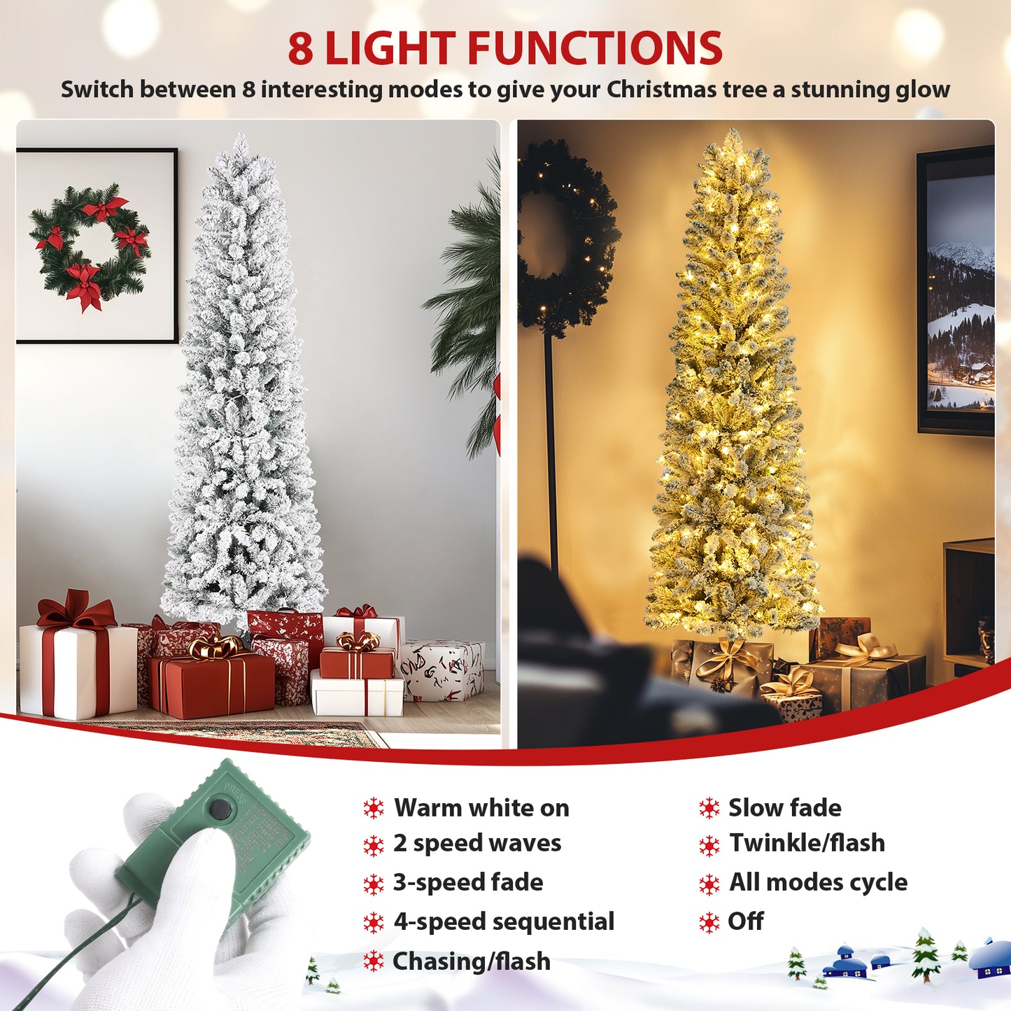 KRISRATE 6FT Prelit Snow Flocked Pencil Slim Christmas Tree, 500 PVC Branch Tips, 250 Warm White Lights,Metal Stand and Hinged Branches,8 Flash Modes