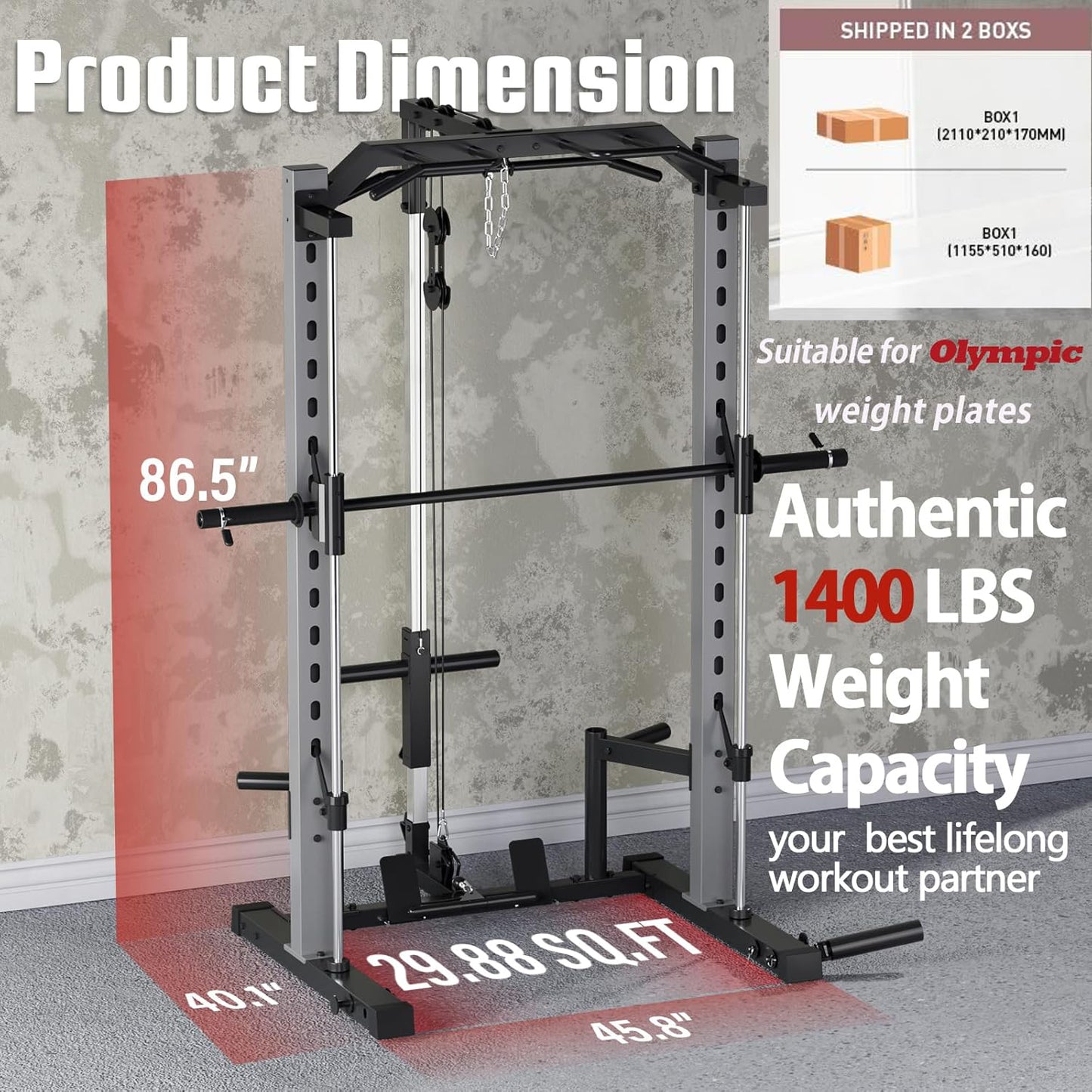 KRISRATE All-in-One Adjustable Smith Machine with LAT-Pull Down System Multi-Function Power Cage Cable Crossover Squat Rack of Workout Equipment