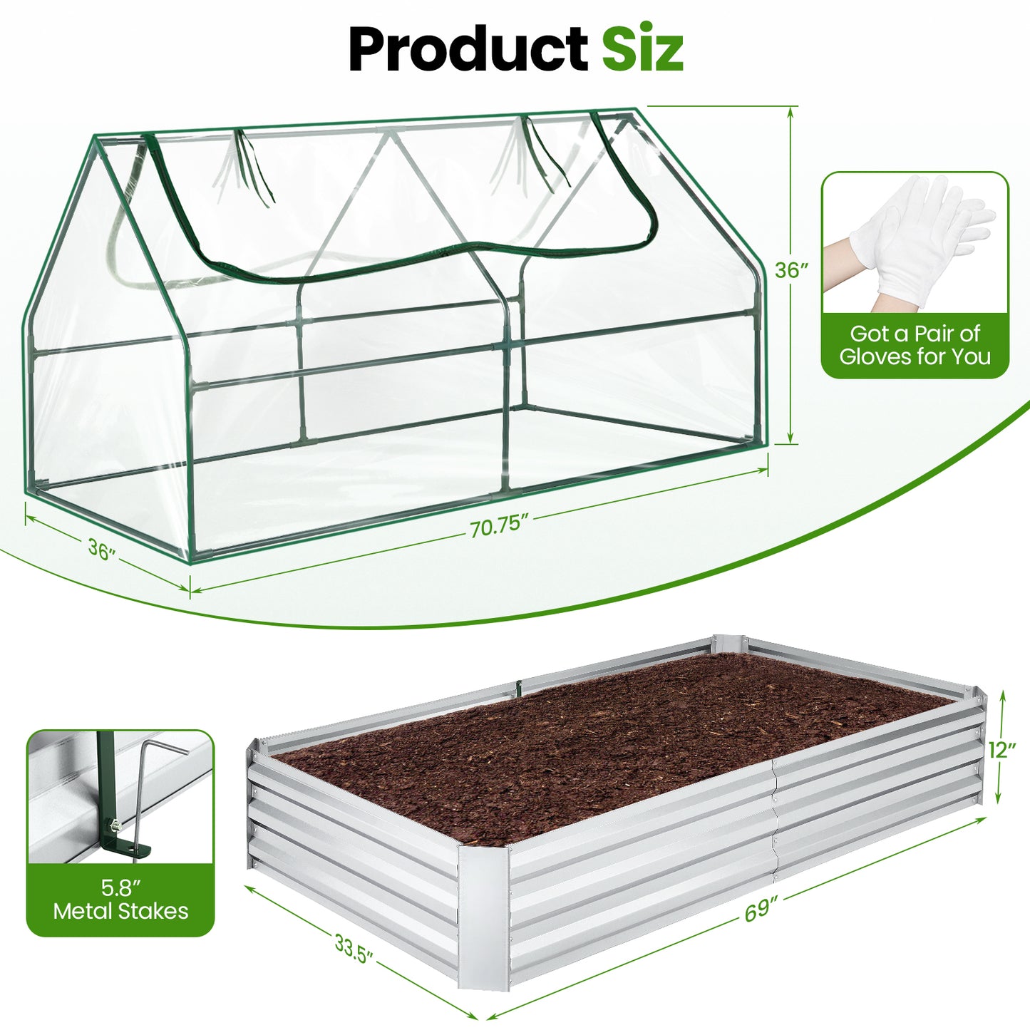 KRISRATE 6x3x3ft Galvanized Raised Garden Bed with Clear Cover - Extra-Thick Steel Mini Greenhouse Kit w/ 2 Zipper Windows & Gloves for Vegetables