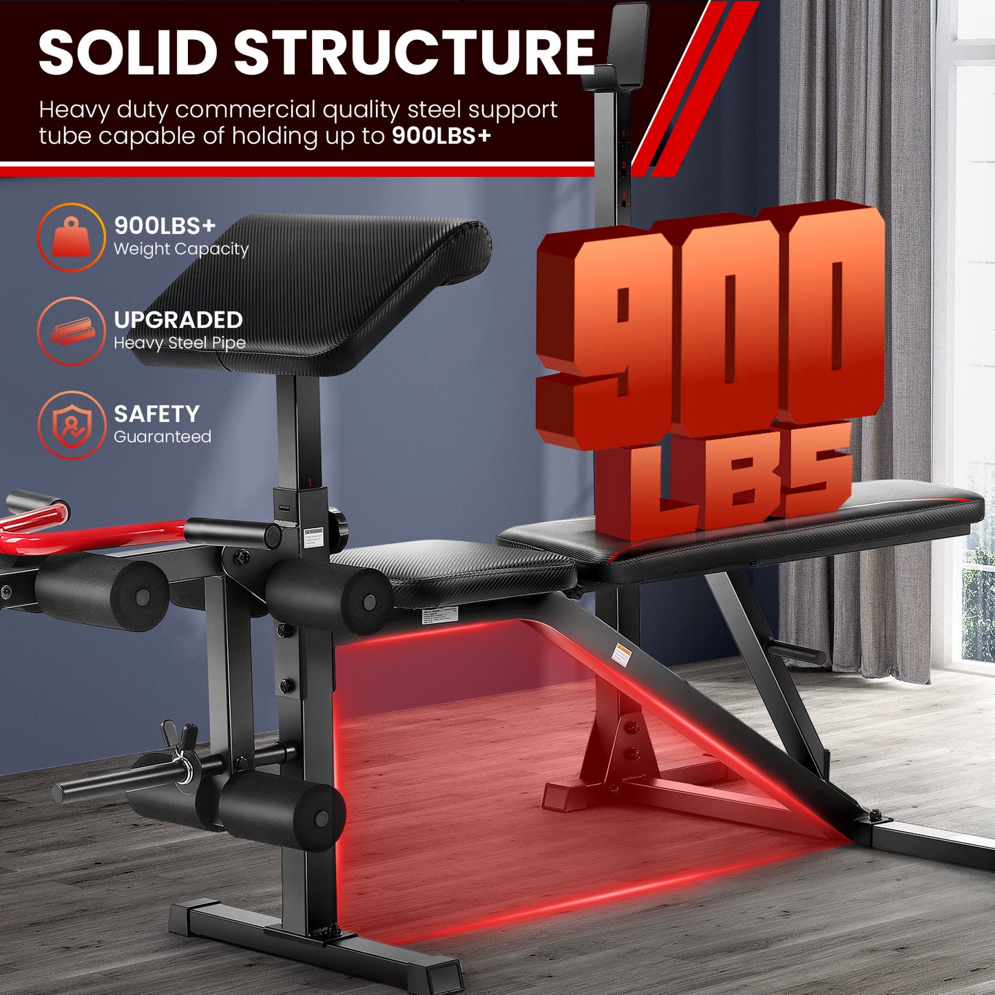 KRISRATE Weight Bench Set with Leg Extension and Curl, Home Gym Bench Press Set & Barbell Rack, Safety Spotter Catches, Preacher Curl Workout Benches