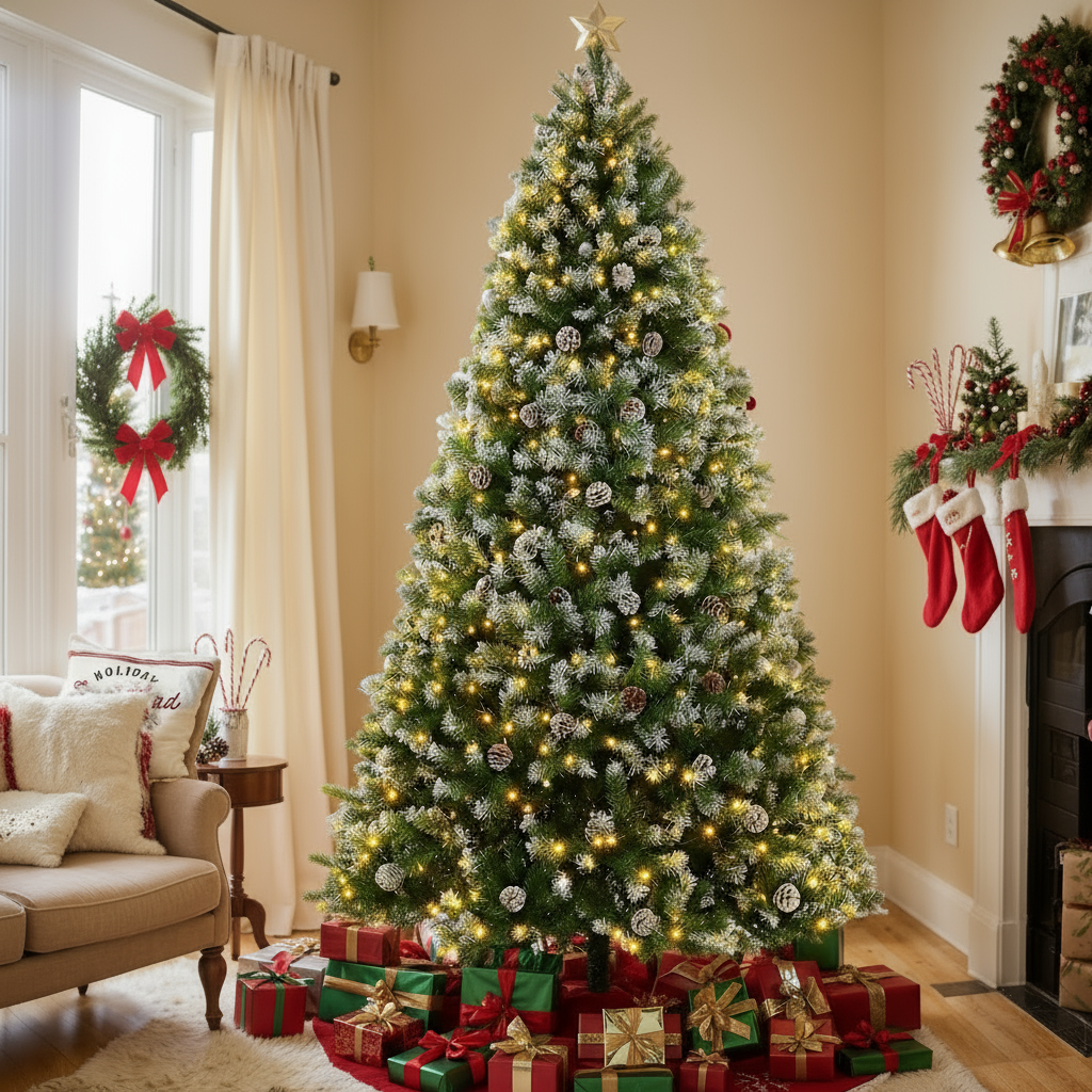 KRISRATE 6FT/7.5ft Pre-lit Christmas Tree, Snow Flocked Artificial Christmas Tree with 51/80 Pinecones &756/1346 PVC Branch Tips & 250/550 Warm Lights