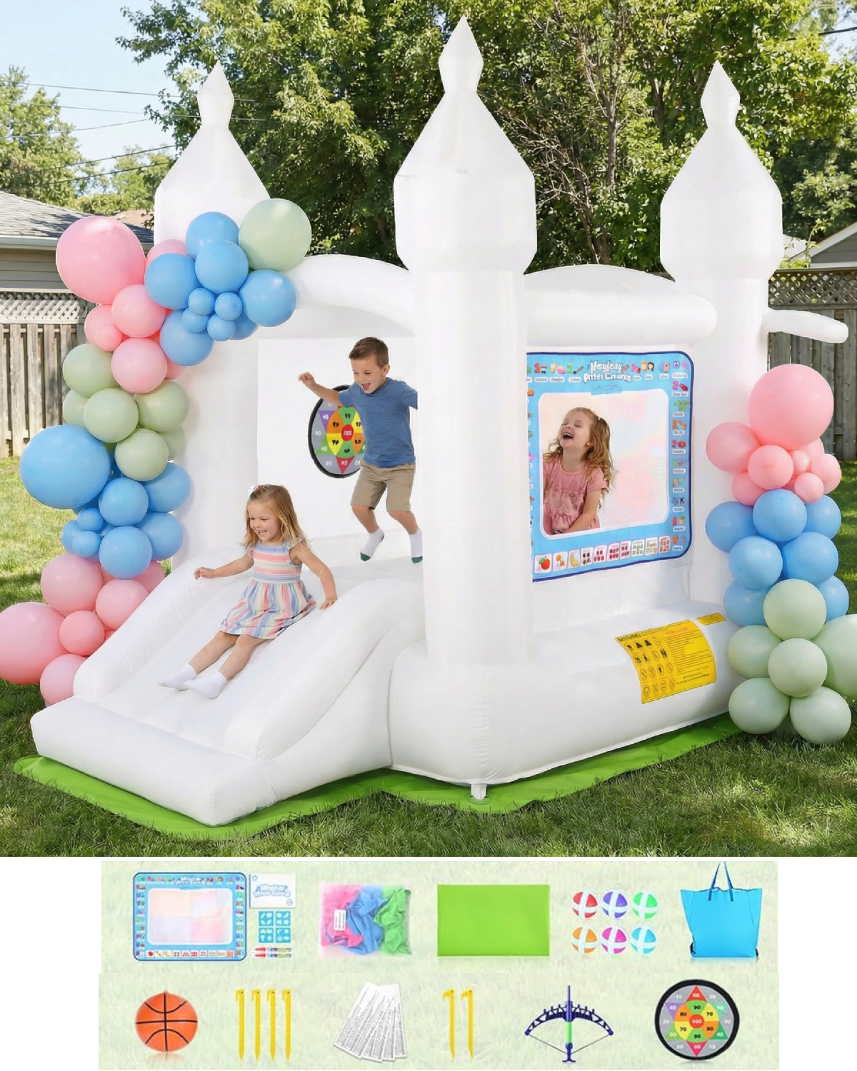 KRISRATE White Inflatable Bounce House with Slide & Blower-Bouncy Castle for Kids Indoor Outdoor Birthday Wedding Party, with Basketball & Activities