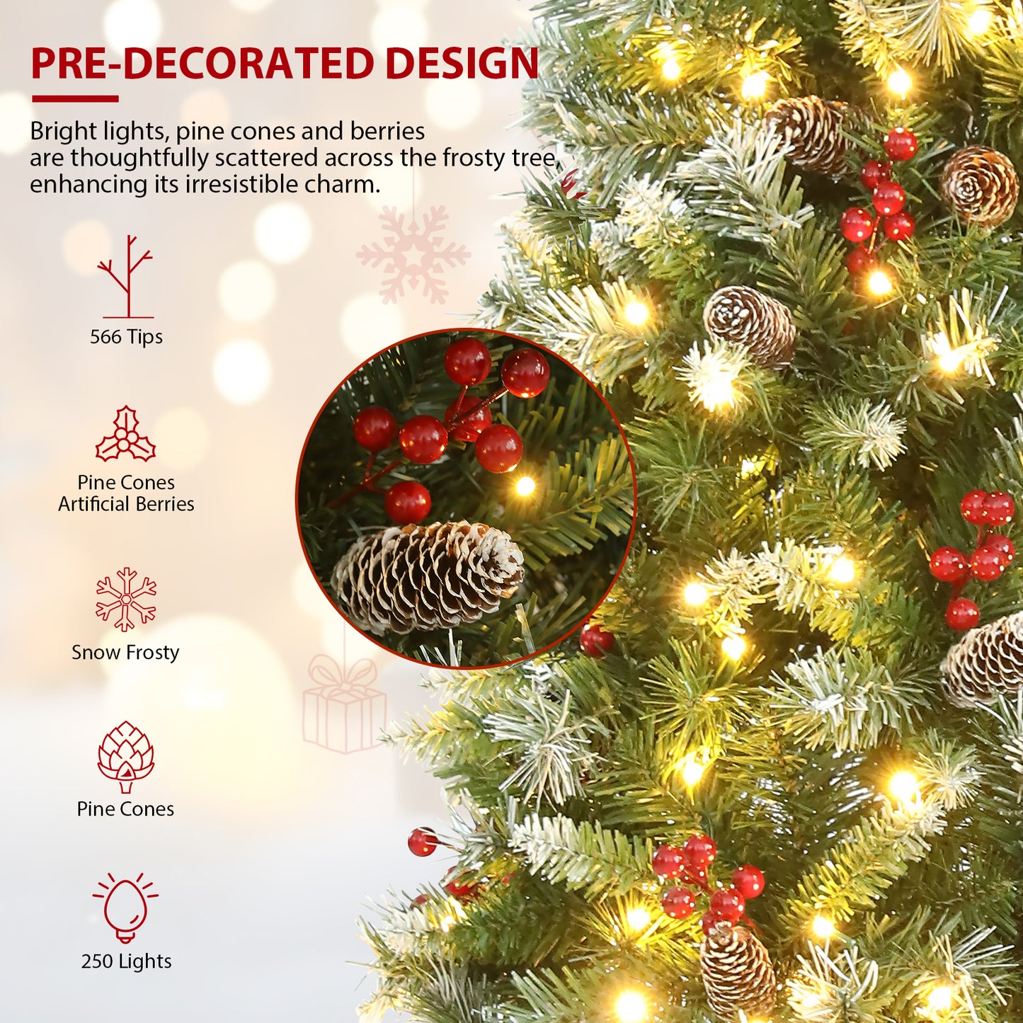 KRISRATE 6FT Pre-lit Pencil Christmas Tree, Partially Flocked Slim Holiday Tree Decoration, Skinny Xmas Tree, 250 Lights, 566 Frosted Tips, PineCones