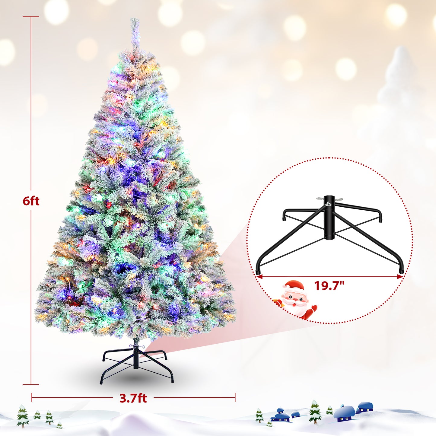 KRISRATE 6 FT Snow Flocked Artificial Christmas Tree with 300 Multi-Color/Warm White Lights, Pre-lit Artificial Tree with 956 Branch Tips,Metal Stand