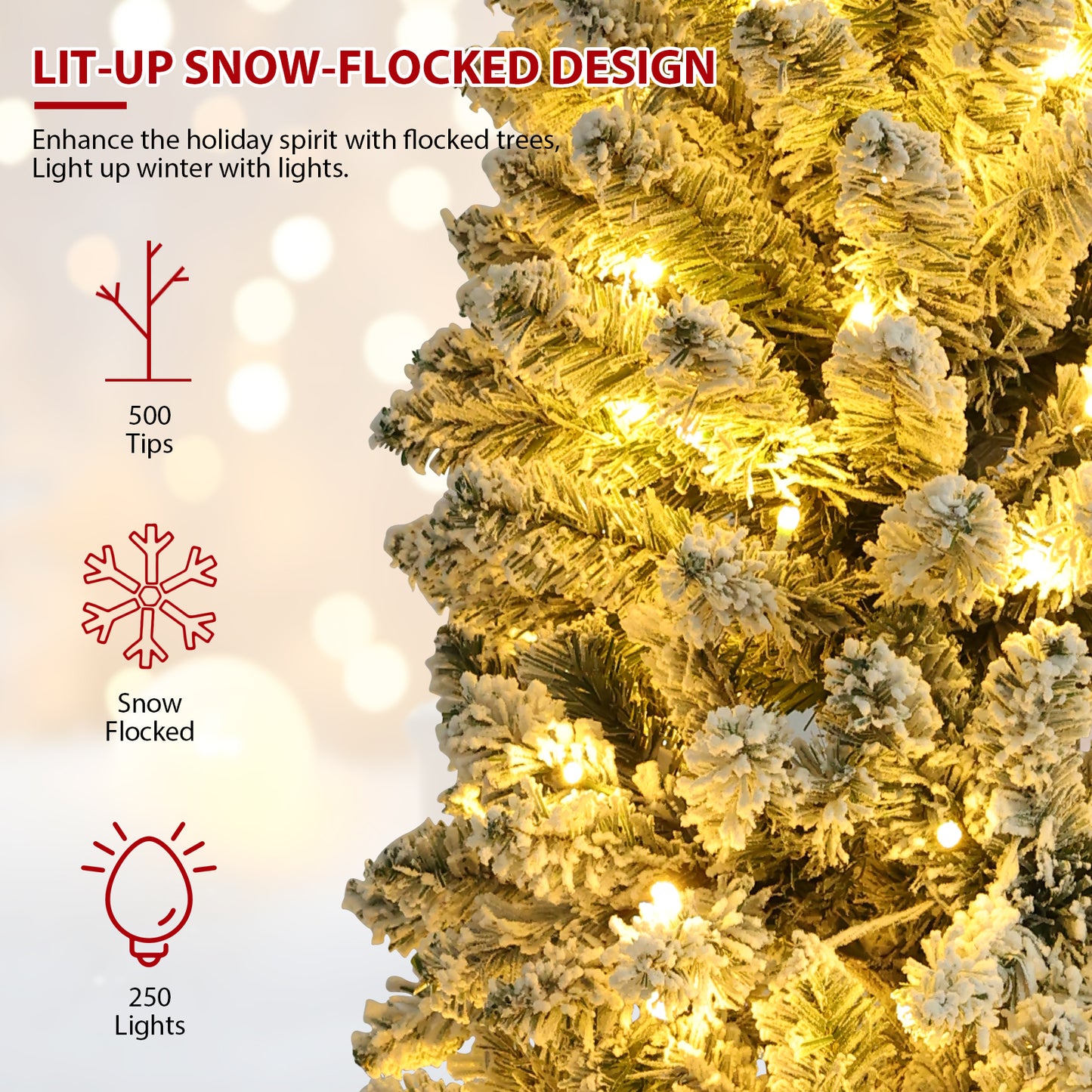 KRISRATE 6FT Prelit Snow Flocked Pencil Slim Christmas Tree, 500 PVC Branch Tips, 250 Warm White Lights,Metal Stand and Hinged Branches,8 Flash Modes