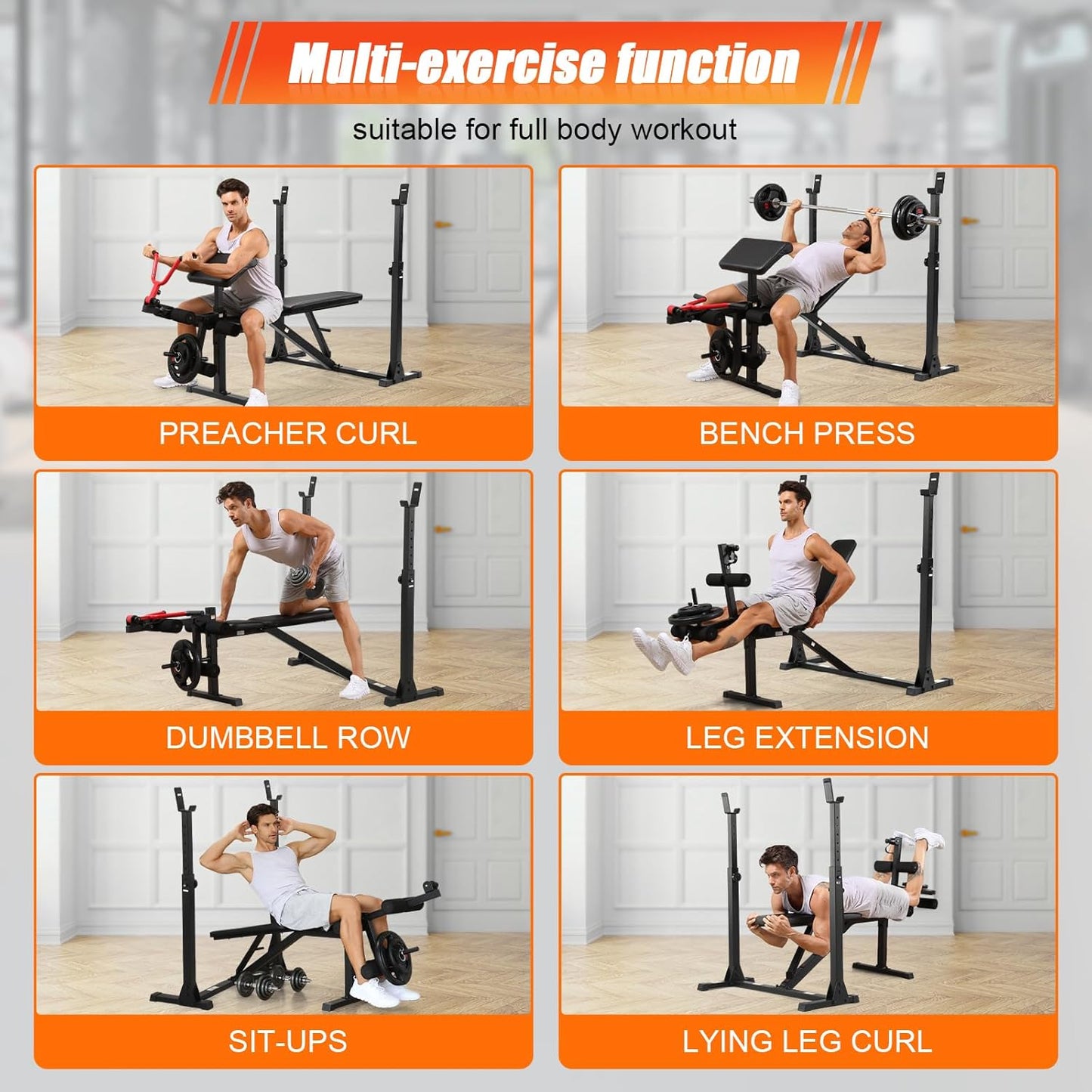 KRISRATE Weight Bench Set with Leg Extension and Curl, Home Gym Bench Press Set & Barbell Rack, Safety Spotter Catches, Preacher Curl Workout Benches