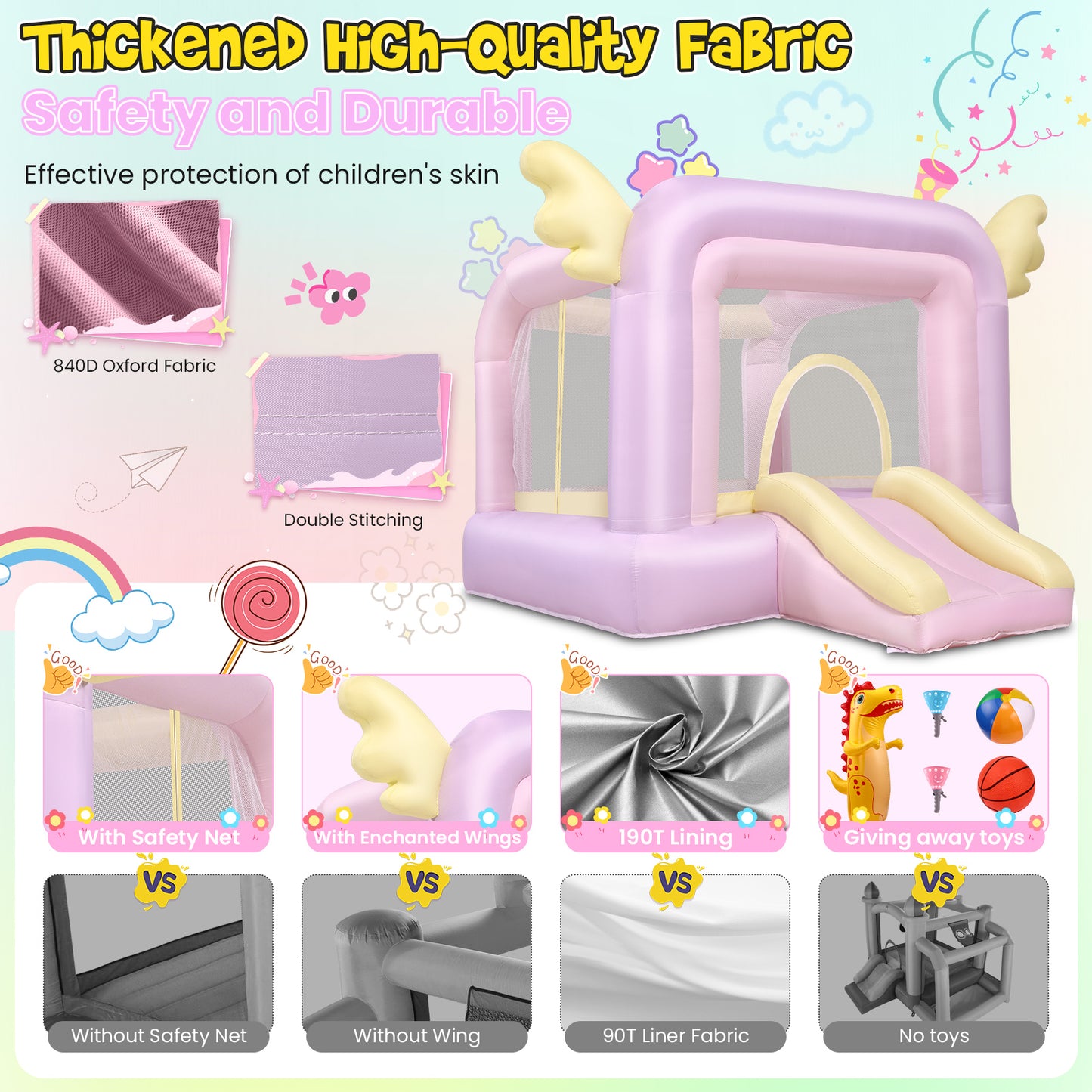 KRISRATE Inflatable Bounce House with Slide, Pink Kids Bouncy Castle for Indoor/Outdoor Use, with Basketball Hoop, Safety Net & 370W Blower for Party