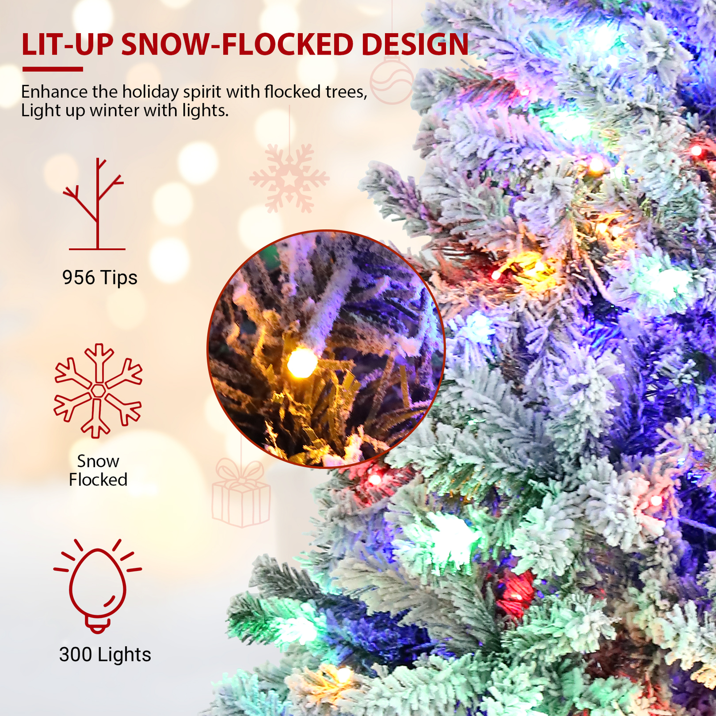 KRISRATE 6 FT Snow Flocked Artificial Christmas Tree with 300 Multi-Color/Warm White Lights, Pre-lit Artificial Tree with 956 Branch Tips,Metal Stand