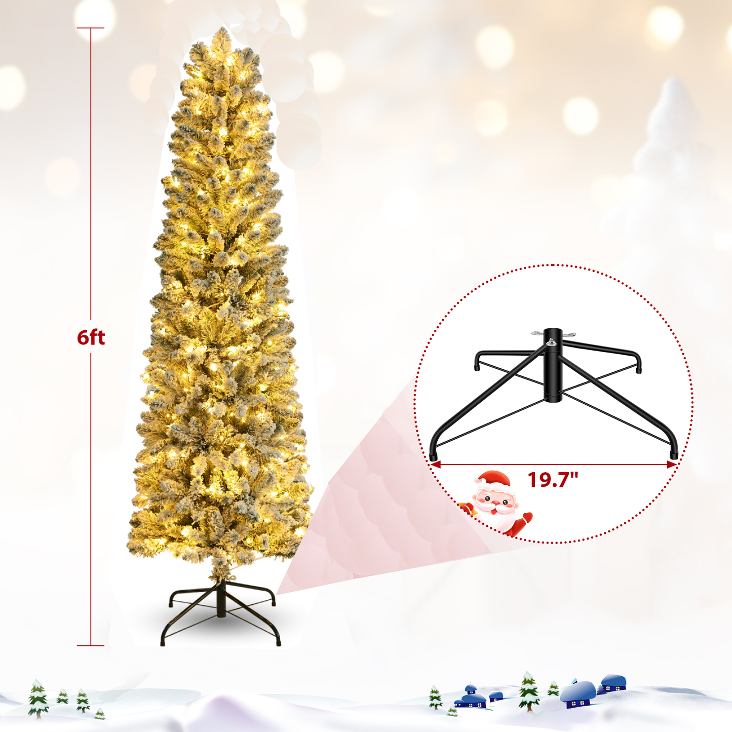 KRISRATE 6FT Prelit Snow Flocked Pencil Slim Christmas Tree, 500 PVC Branch Tips, 250 Warm White Lights,Metal Stand and Hinged Branches,8 Flash Modes