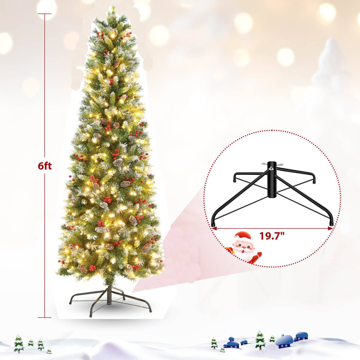 KRISRATE 6FT Pre-lit Pencil Christmas Tree, Partially Flocked Slim Holiday Tree Decoration, Skinny Xmas Tree, 250 Lights, 566 Frosted Tips, PineCones