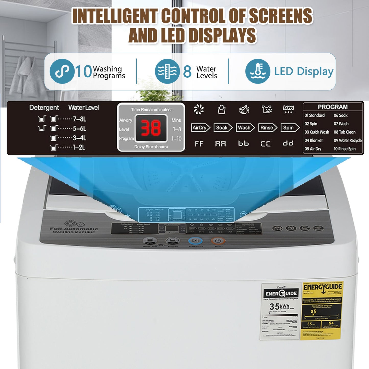 KRISRATE Portable Washing Machine, 20/15.6Lbs Capacity Full-Automatic Washer Machine with Drain Pump, LED Display, 10 Programs & 8 Water Levels