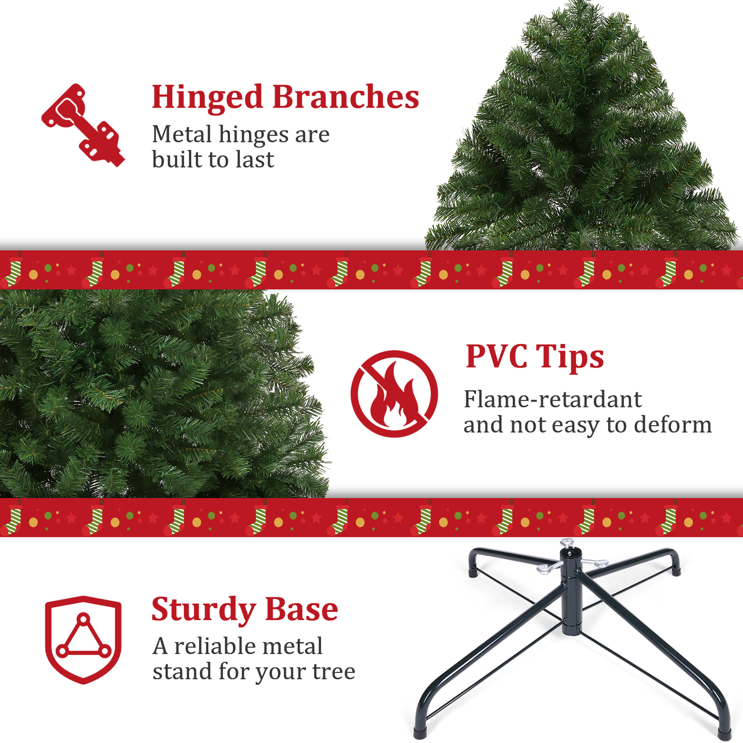 KRISRATE 6FT Pre-Lit Artificial Christmas Tree Full Tree with 1455 PVC Branch Tips, 250 Multicolored Lights/Warm White Lights,8 Light Sequences,Green