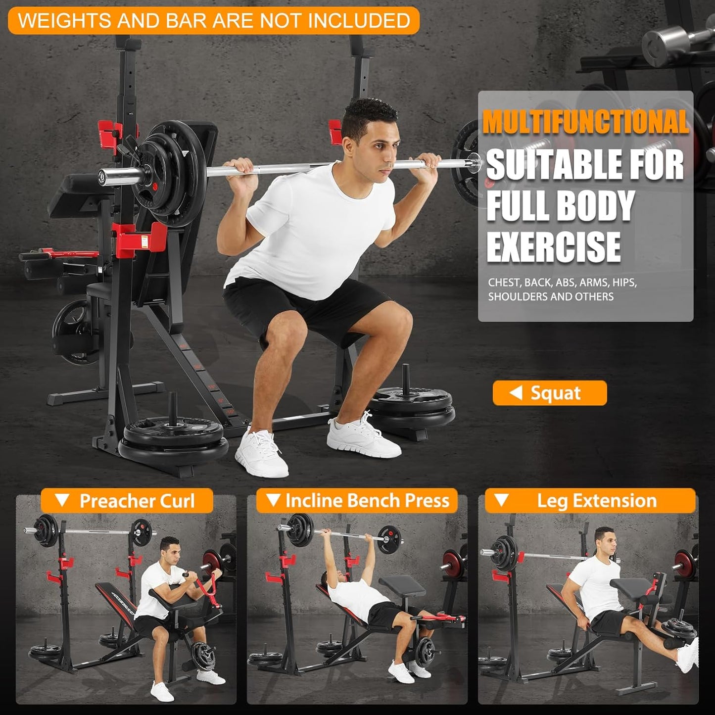 KRISRATE Weight Bench Set with Leg Extension and Curl, 900LBS Bench Press Set and Barbell Rack with Safety Spotter Catches, Preacher Curl for Home Gym