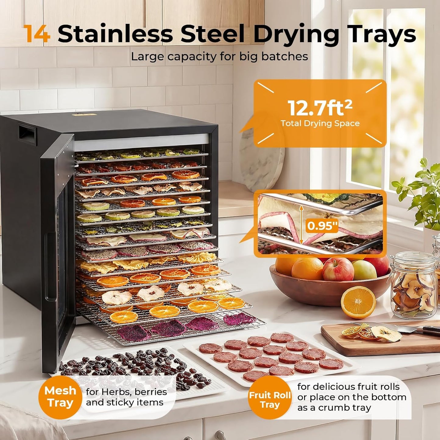KRISRATE Food Dehydrator for Jerky & Fruit, 14 Stainless Steel Trays, 850W Food Dryer with 10 Presets, 48H Timer & 167°F Temperature Control, Dehydrator Machine for Herbs, Meat, Dog Treats