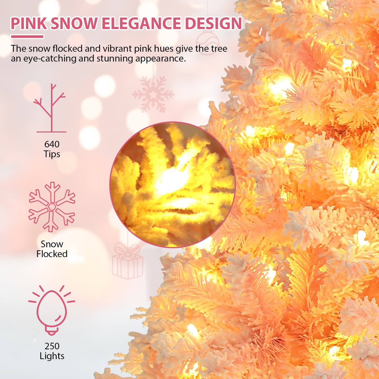 KRISRATE 6FT Pre-lit Pink Flocked Artificial Christmas Tree 8 Adjustable Light Modes, 250 LED Lights, 640 PVC Branch Tips, Foldable Metal Stand, Pink