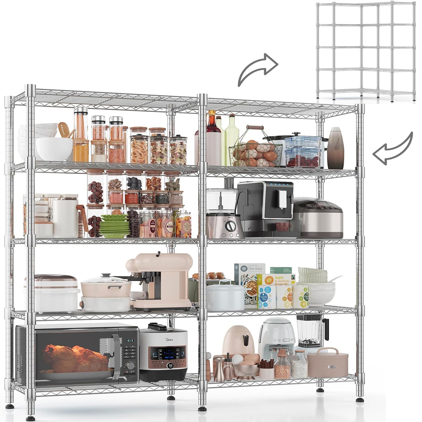 KRISRATE 4/5 Tier Wide Wire Shelving Storage Shelves Metal Closet/garage, 2-in-1 Linear/corner Setup Metal Shelves Heavy Duty w/ Adjustable Shelves