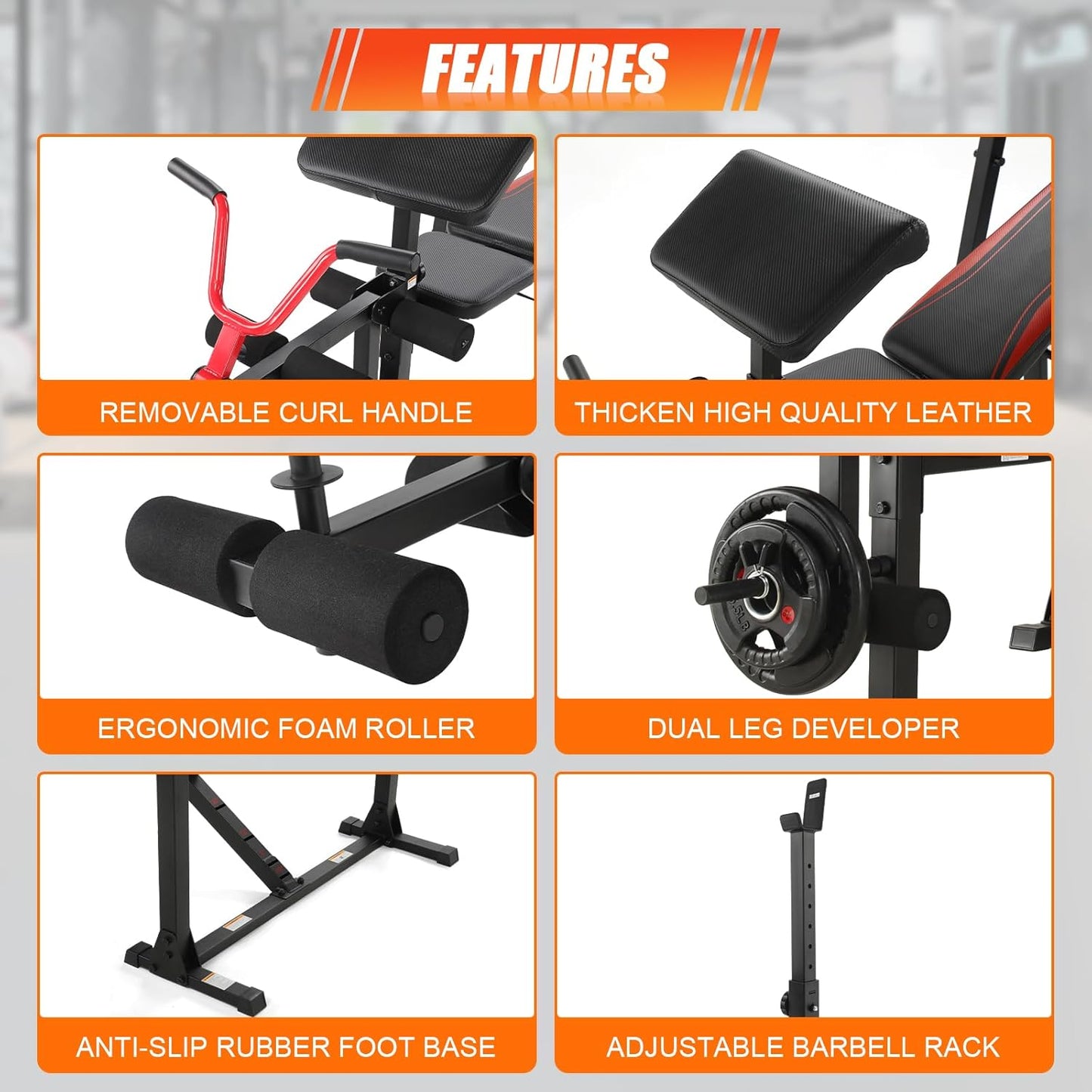 KRISRATE Weight Bench Set with Leg Extension and Curl, Home Gym Bench Press Set & Barbell Rack, Safety Spotter Catches, Preacher Curl Workout Benches