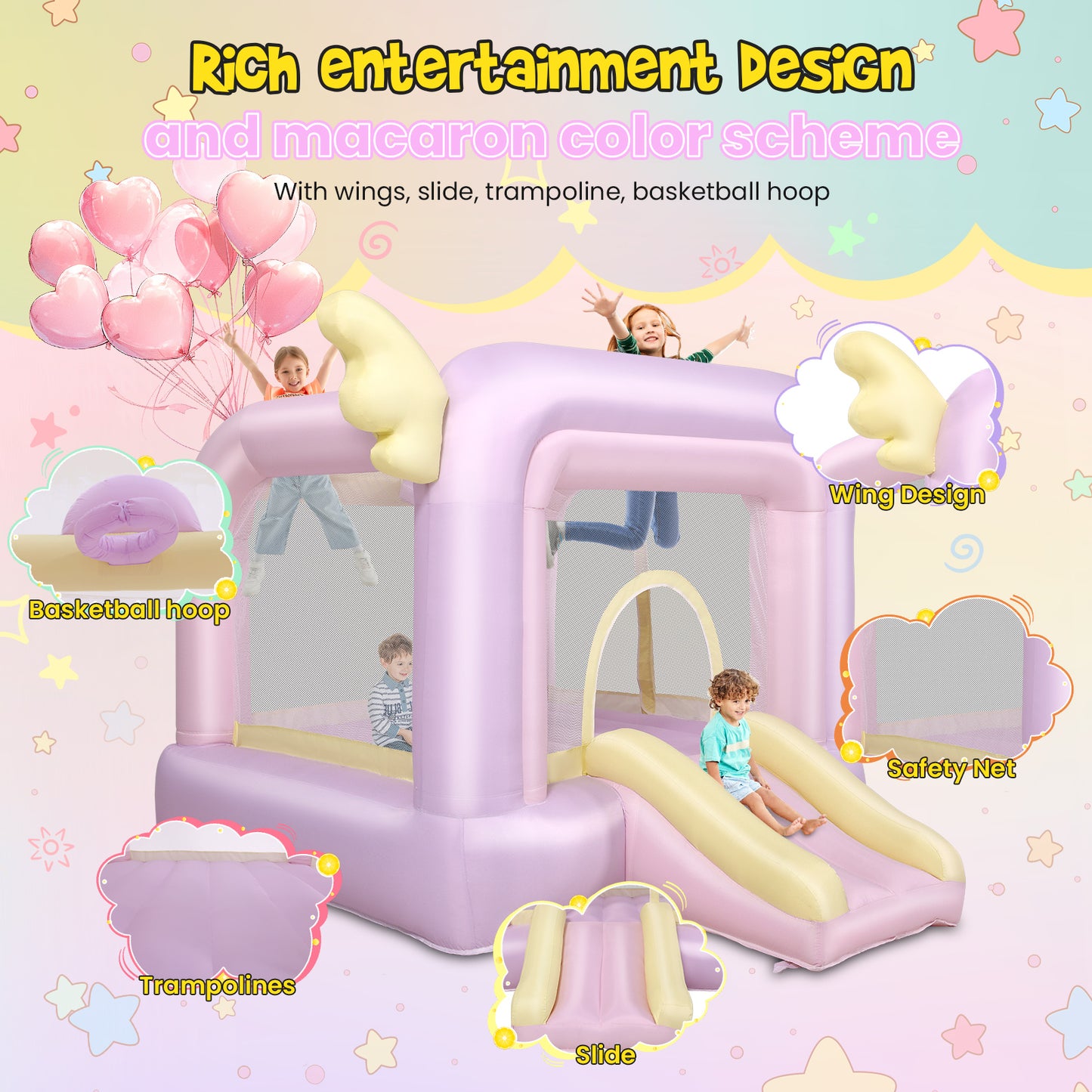 KRISRATE Inflatable Bounce House with Slide, Pink Kids Bouncy Castle for Indoor/Outdoor Use, with Basketball Hoop, Safety Net & 370W Blower for Party